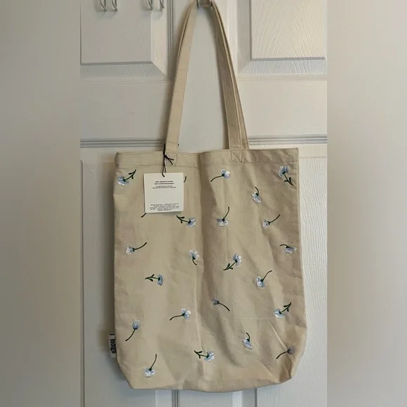 NEW Indigo Organic Canvas Tote Bag, Floral Embroidery - Picture 3 of 5